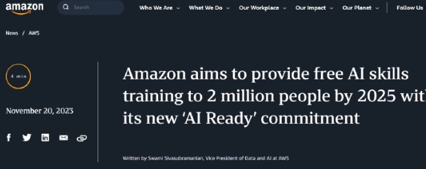 为全球200万人提供免费AI技能培训 亚马逊推出AI Ready计划
